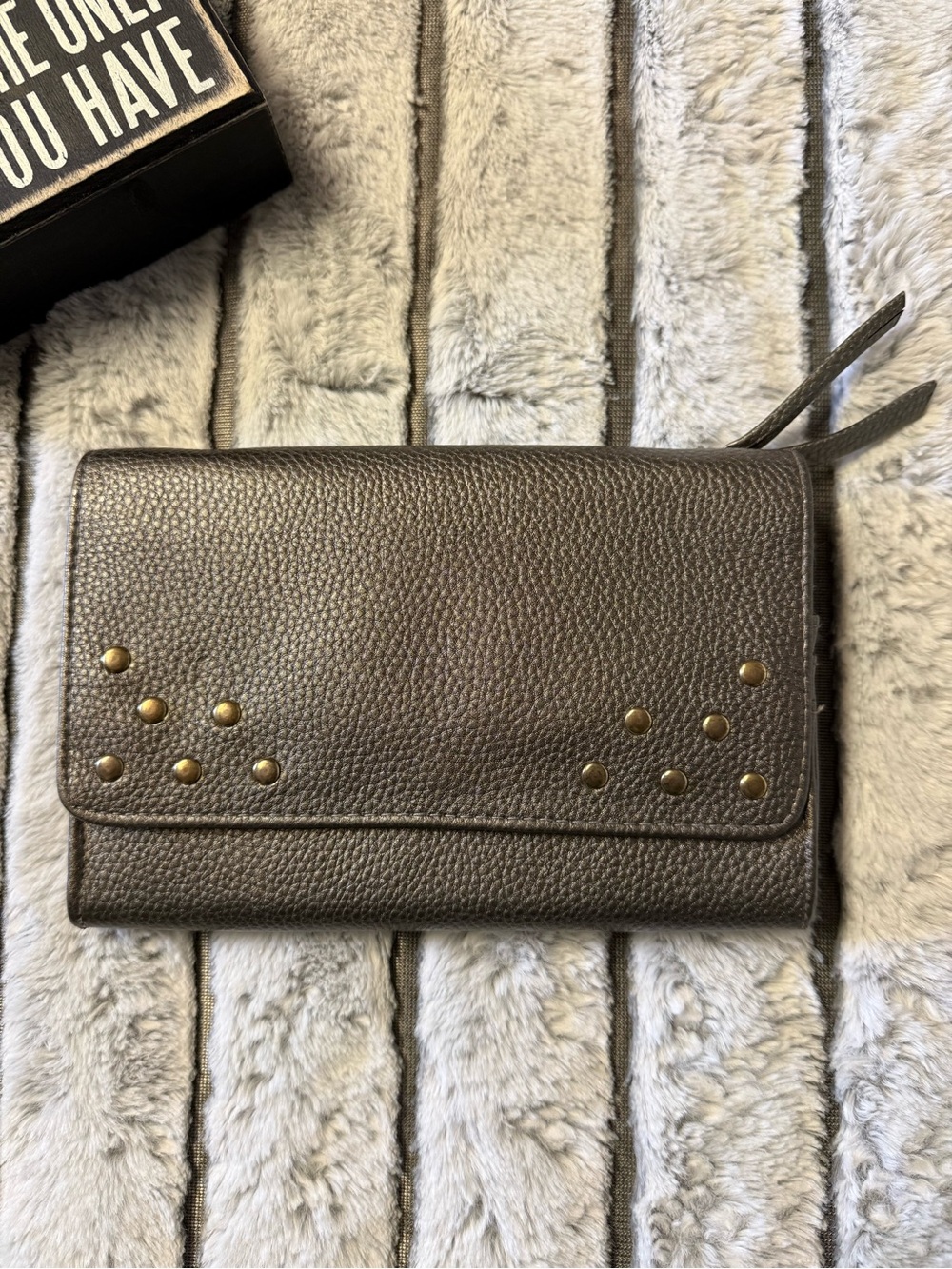 Women's Metallic Gray Leather Wristlet Clutch with Stud Accents